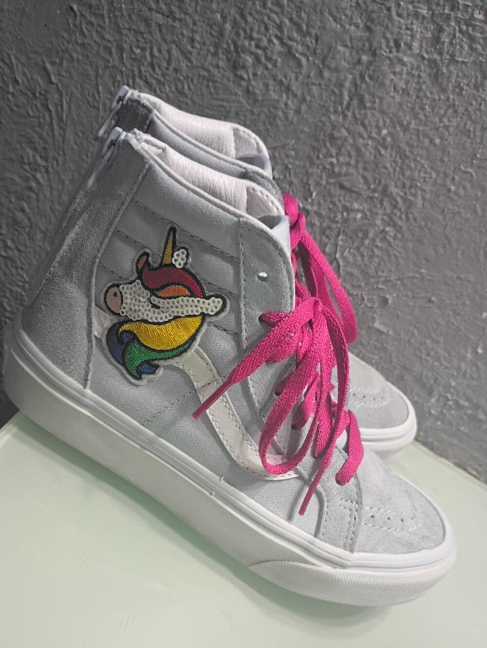 Vans Sk8-Hi Zip Unicorn Skate Shoes Silver Sparkle Glitter Suede Shoes Kids Sz 3